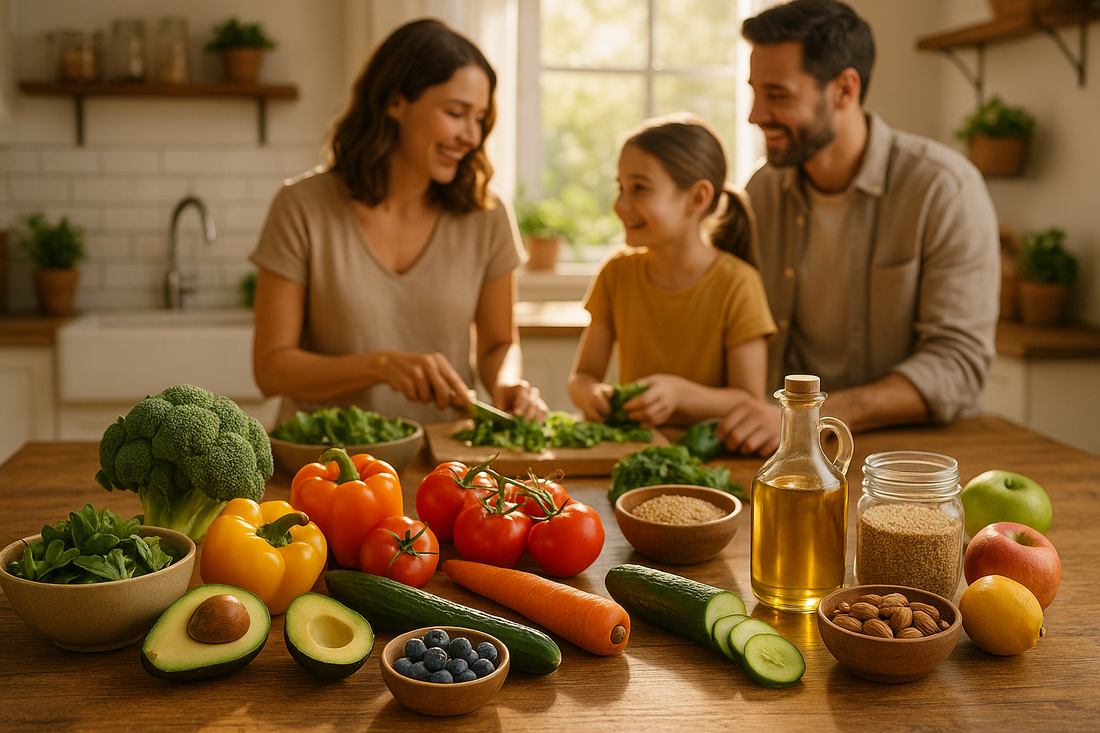 Fresh organic vegetables and fruits arranged on a rustic wooden kitchen counter with a happy family preparing healthy meals in the background, showcasing the premium quality and lifestyle benefits of organic food shopping at Better Fuel Market