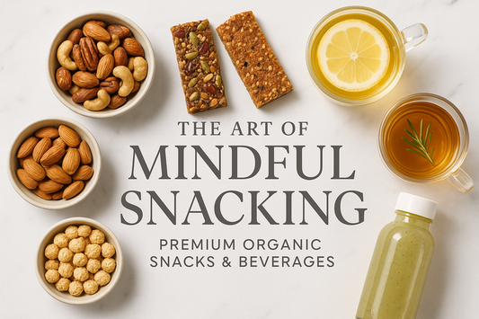 The Art of Mindful Snacking header featuring premium organic snacks and hydrating beverages including nuts, energy bars, herbal teas, and wellness drinks on marble background