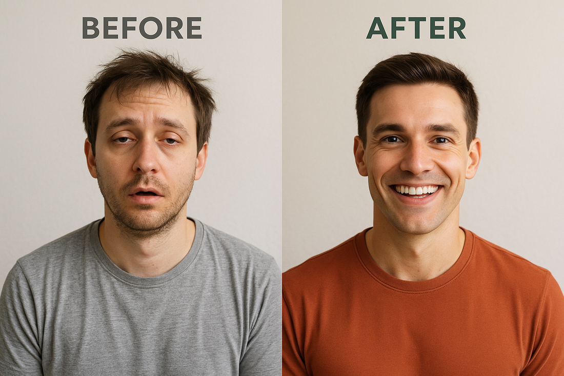 Before and after comparison showing transformation from tired and sluggish to energized and vibrant through premium organic detox