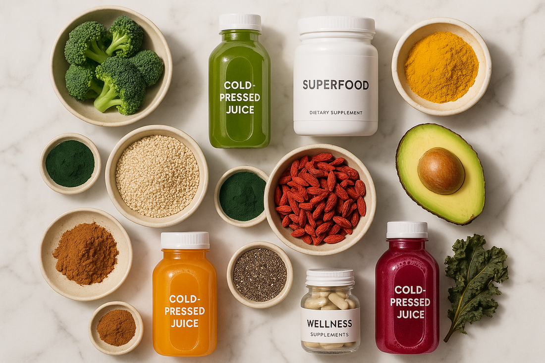 Premium functional nutrition setup with colorful organic superfoods, cold-pressed juices, and wellness supplements