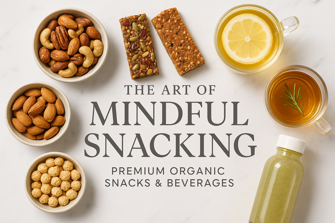 The Art of Mindful Snacking header featuring premium organic snacks and hydrating beverages including nuts, energy bars, herbal teas, and wellness drinks on marble background