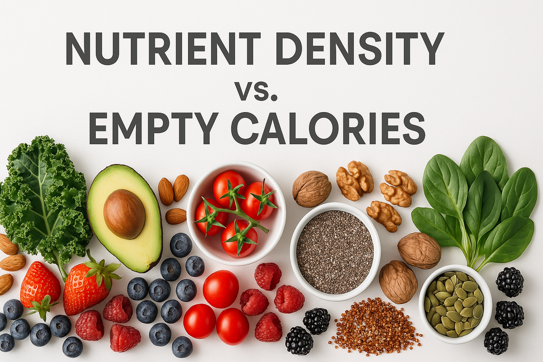Nutrient Density vs Empty Calories header featuring colorful array of premium organic superfoods, berries, leafy greens, nuts, and seeds